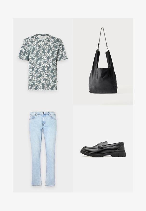 Korte mouwen T-shirt in een teal kleur, met een wit bloemenpatroon. Gemaakt van lichtgewicht stof met een ontspannen pasvorm.; Lichtblauwe denim jeans met een rechte pijp, voorzien van een knoopsluiting, vijf zakken en subtiele vervaging voor textuur.; Zwarte leren instapper met een brede band over de voet, rubberen zool met dikke noppen en een gladde textuur. Klassiek, strak ontwerp.; Zwart zachte stoffen draagtas met brede handvatten en een dunne zwart-witte gevlochten schouderriem.