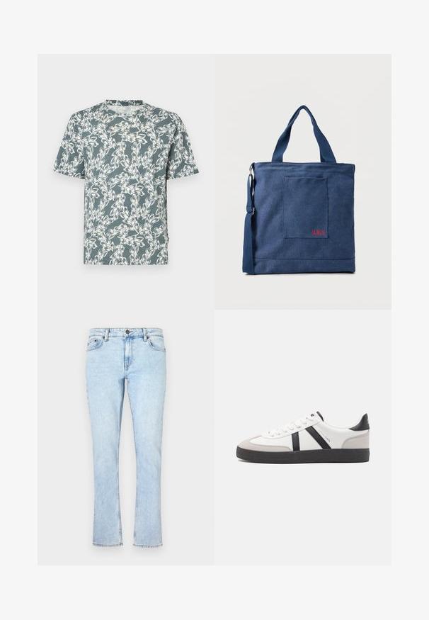 Kurzärmliges T-Shirt in Tealfarbe mit einem weißen Blumenmuster. Hergestellt aus leichtem Stoff mit einer lässigen Passform.; Hellblaue Jeans aus Denim mit geradem Bein, mit einem Knopfverschluss, fünf Taschen und sanften Ausbleichungen für Textur.; Weiße Sneaker mit schwarz- und grau-aczenten, ausgestattet mit einer strukturierten grauen Zehenkappe, schwarzer Gummi-Sohle und flachen weißen Schnürsenkeln. Sauberes Design, minimalistische Stil.; Blauer Canvas-Einkaufstasche mit Vordertasche und roter "O.N.S" Stickerei, ausgestattet mit zwei Griffen und einem verstellbaren Schulterriemen.