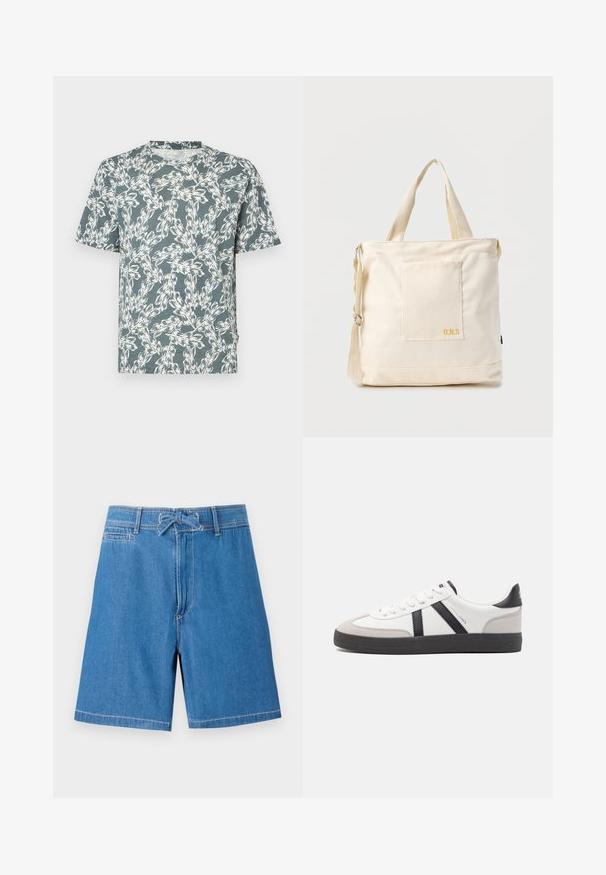 T-shirt à manches courtes de couleur sarcelle, présentant un motif floral blanc. Fabriqué en tissu léger et à coupe décontractée.; Shorts en denim bleu clair avec une taille élastique à cordon de serrage, poches avant et coutures contrastées. Design classique, coupe au genou.; Baskets blanches avec des accents noirs et gris, présentant un embout texturé gris, une semelle en caoutchouc noir et des lacets plats blancs. Design épuré, style minimaliste.; Sac fourre-tout en toile crème avec poche avant, deux poignées, bandoulière réglable et petit texte jaune "O.N.S" en bas à droite de la poche.
