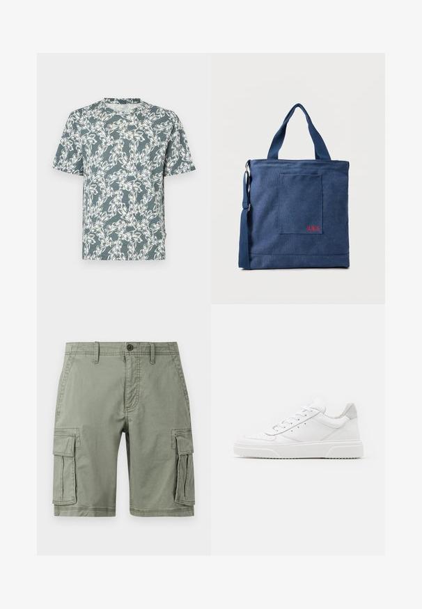 T-shirt à manches courtes de couleur sarcelle, présentant un motif floral blanc. Fabriqué en tissu léger et à coupe décontractée.; Shorts cargo verts en mélange de coton, dotés de deux poches latérales, fermeture à bouton et coupe droite.; Des baskets en cuir blanc avec une finition lisse, un bout rond, des lacets plats et une semelle texturée. Accents en daim gris au niveau du talon.; Sac fourre-tout en toile bleue avec poche frontale et broderie rouge "O.N.S", doté de doubles poignées et d'une bandoulière réglable.