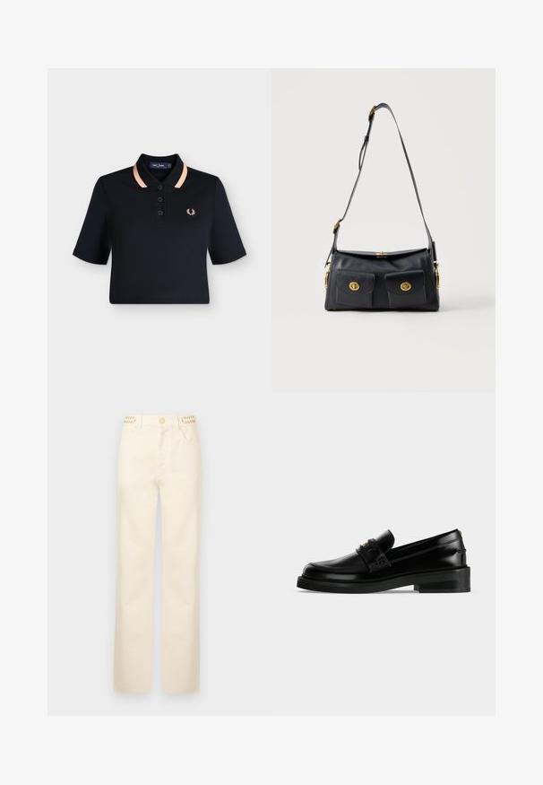 Zwart cropped polohemd met perzikkleurige kraagstrepen, drie zwarte knopen en klein perzikkleurig geborduurd lauwerkranslogo op de linkerborst.; Rabanne Straight leg jeans - off white denim; Zwarte gepolijste leren loafer met lage blokhak, moc toe stiksels en een decoratieve band aan de bovenkant.; Zwarte leren schoudertas met twee voorvakken en goudkleurige draaivergrendelingen, verstelbare riem en minimalistisch ontwerp.