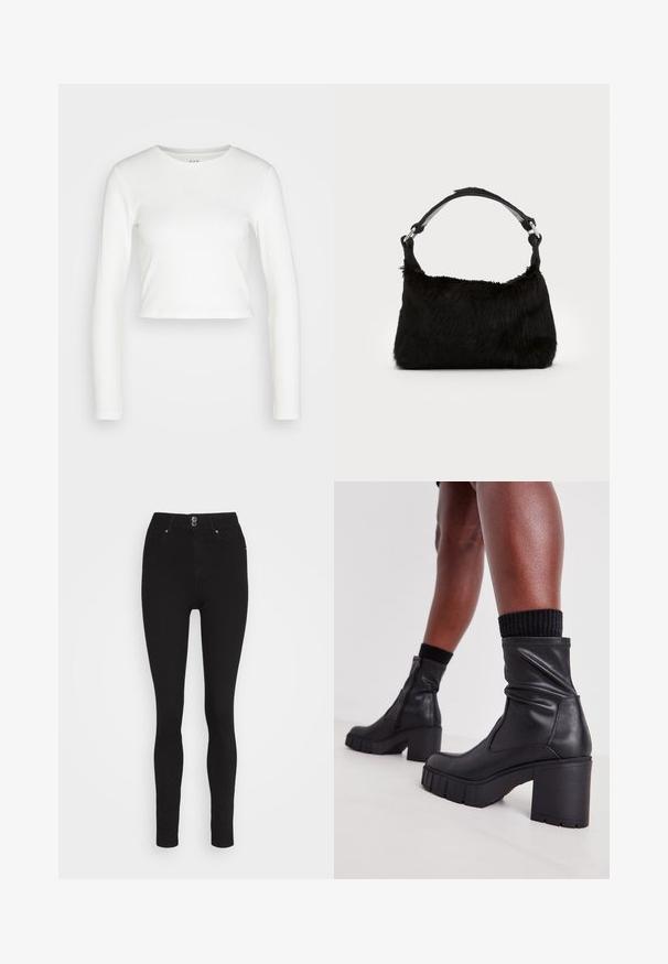 GAP ULTRA CROP RIB TEE - Pikkade varrukatega topp - new off white; Mustad kõrge talje kitsad teksad, mis on valmistatud venivast denimist, nupuga ja tõmblukuga, viie tasku disainiga ning siledana viimistletud.; Mustad nahast pahkluu saapad, millel on voltimisega disain, robustne kõrge konts ja tekstureeritud kummitald. Küljel on lukk.; Mustast kunstkarusnahast käekott, millel on pehme tekstuur, ümar kuju ja tugev must nahast õlarihm. Nähtavad hõbedased detailid.