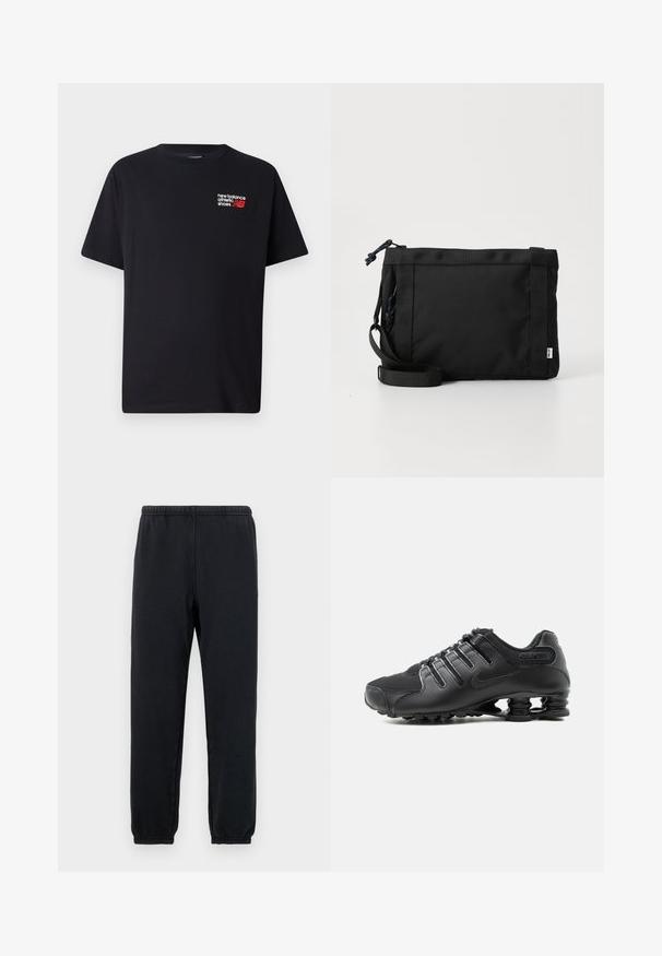Μαύρο βαμβακερό T-shirt με στρογγυλή λαιμόκοψη. Περιλαμβάνει ένα μικρό κόκκινο και λευκό λογότυπο "New Balance" και κείμενο στην επάνω αριστερή περιοχή του στήθους.; Μαύρες φόρμες με ελαστική μέση και στενές γάμπες; κατασκευασμένες από μαλακό, ελαστικό ύφασμα, με μινιμαλιστικό σχέδιο χωρίς μοτίβα.; Μαύρο αθλητικό παπούτσι με υφασμάτινο πάνω μέρος, κλείσιμο με κορδόνια και χαρακτηριστική ελαστική υποστήριξη της σόλας, ορατή σε λευκό φόντο.; Μαύρη τσάντα ώμου από ύφασμα με υφή στην εξωτερική επιφάνεια, ρυθμιζόμενο λουρί και κλείσιμο με κορδόνι. Διαθέτει έντονη ραφή και ετικέτα στο πλάι.