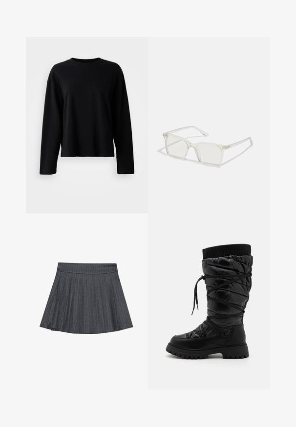 T-shirt noir à manches longues en tissu léger et doux, avec un col ras du cou et une coupe décontractée, présentant des détails de coutures minimaux.; Jupe patineuse grise à rayures générales avec une taille ajustée, en forme évasée A et texture de tissu douce. Les lignes verticales renforcent l'intérêt visuel.; Bottes noires montantes en cuir avec une texture matelassée, dotées d'un laçage, d'un revers côtelé contrastant en haut et d'une semelle épaisse et robuste.; Lunettes carrées en plastique transparent avec des verres translucides, dotées d'accents dorés sur les branches pour plus de détails.