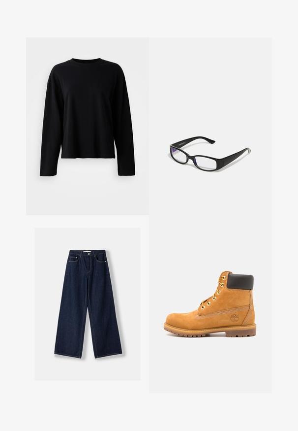 T-shirt noir à manches longues en tissu léger et doux, avec un col ras du cou et une coupe décontractée, présentant des détails de coutures minimaux.; Jean en denim bleu foncé à jambes larges avec fermeture avant par bouton et zip, poches avant et passants pour ceinture, posé à plat sur un fond blanc.; Bottine en cuir marron avec rembourrage noir, œillets dorés et semelle texturée. Présente un logo circulaire sur le côté et des accents de couture.; Des lunettes rectangulaires noires avec des verres transparents. Fini brillant, branches étroites et teinte violette visible sur les bords des verres.