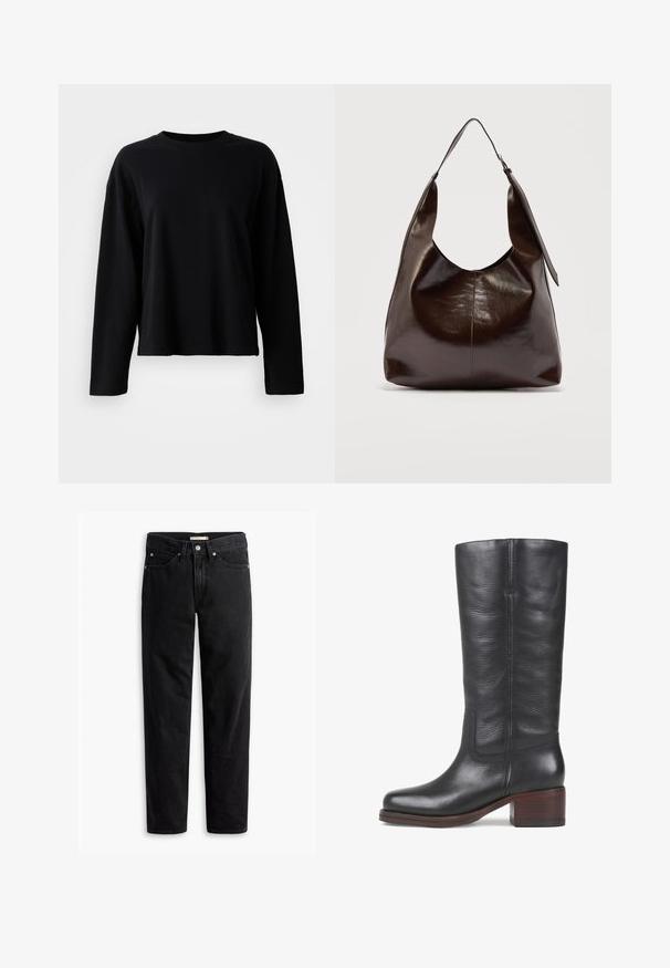 Musthave musta pikkade varrukatega T-särk, mis on valmistatud pehmest ja kergekaalulisest kangast. Särk on ümmarguse kaelaauguga ja relaxed fit stiilis, millel on minimaalsed õmblused.; Mustad sirged püksid, millel on nööp ja tõmblukk, vöökohal konksud ning ees ja taga taskud, asetatud lamedale valgele taustale.; Mustmust muste, mille must nahkne, pehme tekstuuriga, ruudukujuline varvas ja laotud puidust konts. Omab peenet kinnitust ja külgõmbluse disaini.; Tumepruun läikiva nahaga õlakott, millel on üks lai rihm ja ühelt poolt pandlaga detail, taustal hele ühevärviline taust.