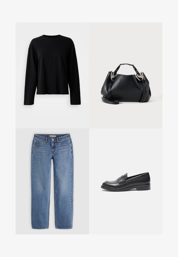 Sort langærmet t-shirt lavet af et blødt, let stof med rund hals og en afslappet pasform med minimale sømdetaljer.; Blå højttaljede straight-leg denim jeans med forreste knap, lynlås, bæltestropper og fem lommer på en lys baggrund.; Sorte læderloafer med en glat overflade, rund tå og sidesyning. Har en lav, rektangulær hæl.; Sort lædertaske med sølvfarvede V-formede metal accenter, to øverste håndtag og en aftagelig skulderrem på en ensartet lys baggrund.