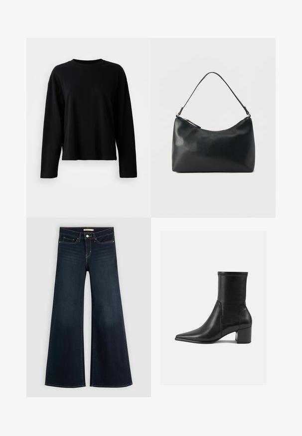 T-shirt noir à manches longues en tissu léger et doux, avec un col ras du cou et une coupe décontractée, présentant des détails de coutures minimaux.; Jean en denim bleu foncé à taille haute et coupe large. Il présente un design classique à cinq poches et des coutures contrastantes le long des coutures.; Bottine noire en cuir lisse, avec un bout pointu, un talon carré et des coutures surélevées distinctes au bord supérieur.; Sac bandoulière en cuir noir texturé avec fermeture éclair incurvée en haut et une seule sangle ajustable sur fond uni.