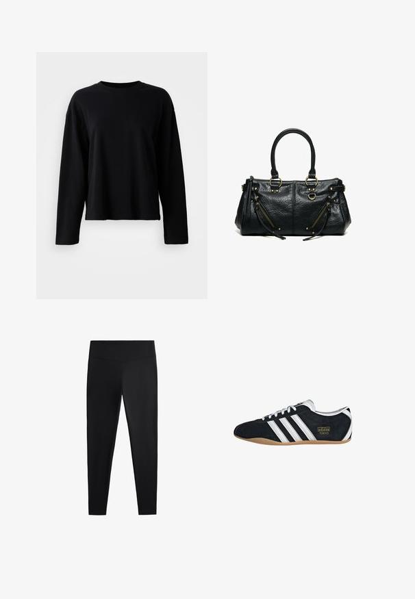 Sort langærmet t-shirt lavet af et blødt, let stof med rund hals og en afslappet pasform med minimale sømdetaljer.; Sorte leggings lavet af glat, strækbart stof. Har en bred talje og en tapered ben-design, velegnet til aktiv eller afslappet brug.; Sort ruskinds sneaker med hvide tre striber, guldlogo og en brun gummisål. Har et lavprofil snørebåndsdesign.; Sort læderhåndtaske med to håndtag, to skrå lynlåslommer med frynser samt guldfarvede metalringe og nitter.