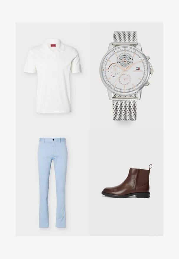 Polo blanc à manches courtes avec col plié et étiquette de la marque HUGO rouge à l'intérieur de l'encolure.; Pantalon bleu clair coupe ajustée avec bouton frontal et passants de ceinture, présenté sur un fond blanc uni.; Bottine en cuir marron avec des panneaux latéraux élastiques, bout rond et un petit talon noir. Elle possède une languette pour un enfilage facilité.; Tommy Hilfiger STEWART - Montre à aiguilles - silver-coloured/white