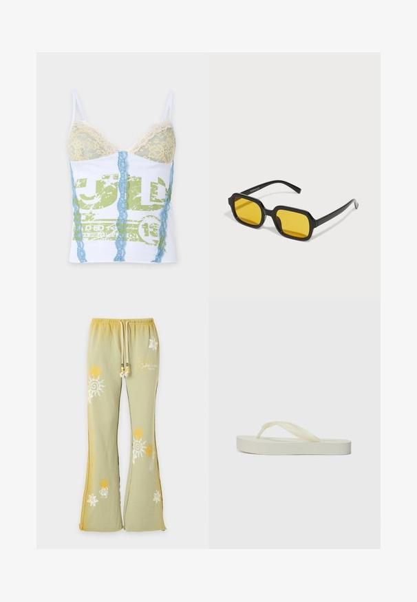 Witte cami met lichtgele kanten cups, blauwe verticale kanten strepen en vervaagde groene grafische print aan de voorzijde.; Lichtgroene wijd uitlopende joggingbroek met gele en witte zonpatronen en een koordceintuur met kralen.; Lichtcrème flip-flop met een platte zool, dikke textuurbanden en een gladde afwerking. Zacht materiaal, minimalistisch ontwerp en geen opvallende branding.; Zwarte rechthoekige zonnebril met gele lenzen. Kenmerken zijn onder andere dikke monturen en een hoekig ontwerp met een gladde, glanzende afwerking.