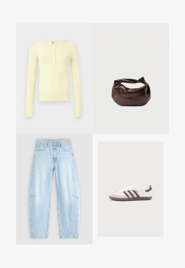 Hellgelbes, geripptes Langarmshirt mit Rundhalsausschnitt und vier kleinen dekorativen Knöpfen auf der vorderen Knopfleiste.; Hellblaue Denim-Jeans mit relaxed Fit, hoher Taille, Fünf-Taschen-Design und subtilen Ausbleichungen sowie ausgefransten Saumdetails.; Weißer Adidas Samba Sneaker mit braunen Veloursstreifen, brauner Velourspitze und Gummisohle auf hellgrauem Hintergrund.; Dunkelbraune Lederschultertasche mit weicher, lockerer Form und einem gedrehten Knotengriff vor schlichtem weißem Hintergrund.