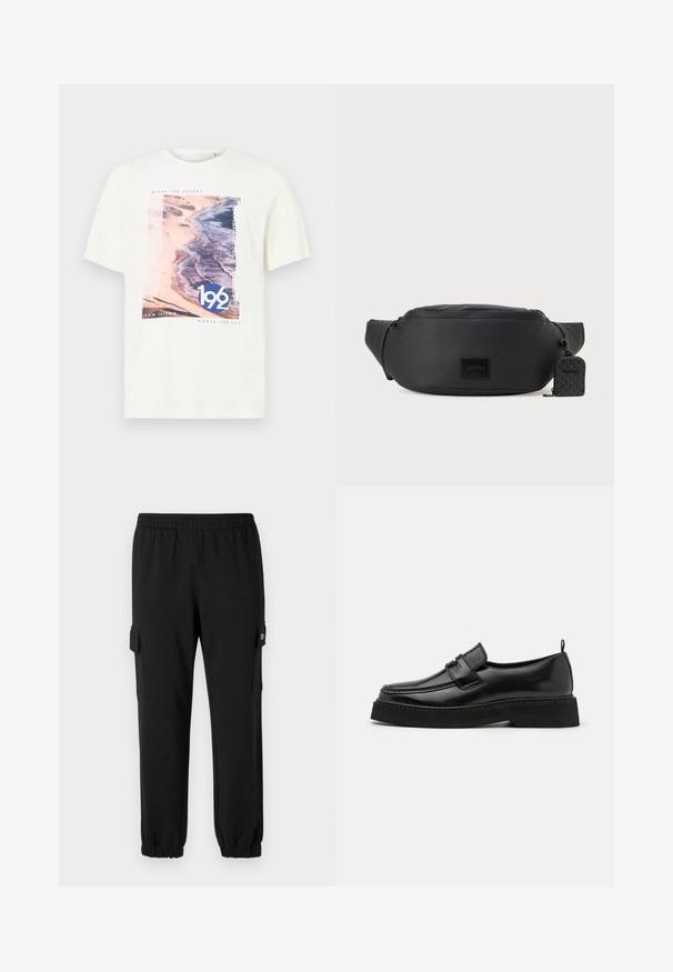 Camiseta blanca de manga corta con un gráfico de escena de playa en rosa y azul que incluye el texto "192" y "TOM TAILOR MEETS THE SEA". Tejido de algodón suave.; Pantalones de chándal negros con cintura elástica, puños ajustados y bolsillos laterales tipo cargo. Fabricados con material suave y textura lisa.; Zapatos estilo mocasín de cuero negro con suela plana y texturizada, con puntera cosida y una correa a lo largo del empeine.; Riñonera negra de nylon, con un diseño redondeado, cierre de cremallera y un pequeño estuche accesorio extraíble con un patrón geométrico.