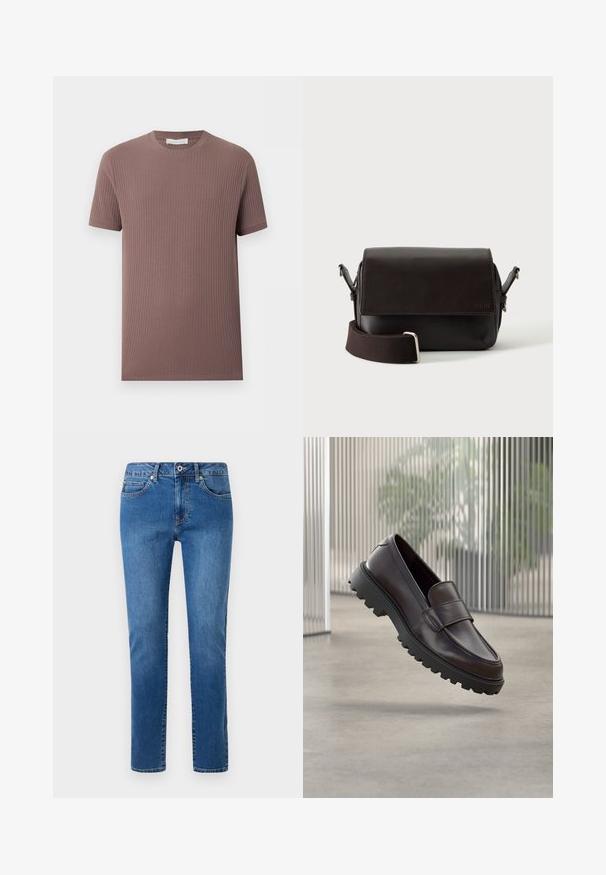 T-shirt à manches courtes en maille côtelée mauve atténué avec encolure ronde, présenté à plat sur un fond clair.; Jean en denim bleu avec une coupe droite, style cinq poches et taille à bouton. Comprend des détails de couture le long des coutures.; Chaussure à enfiler en cuir marron avec un bout rond et une semelle en caoutchouc noire robuste. Présente une bride décorative traversant le coup de pied.; Sac bandoulière en cuir marron foncé avec fermeture à rabat et sangle en tissu réglable sur fond blanc.