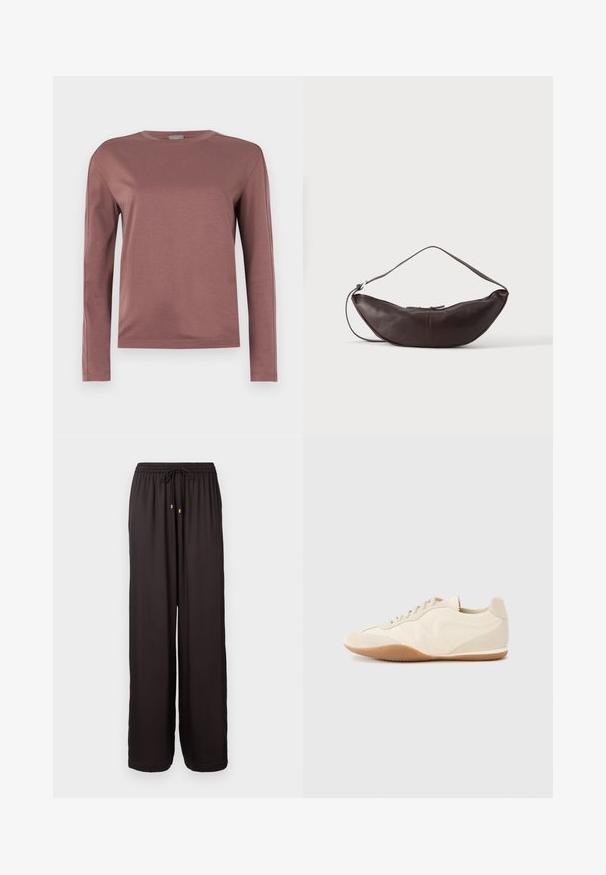 Langærmet skjorte i støvet rosa, lavet af blødt stof. Rund hals design med lige snit og subtile stikninger. Minimalistisk stil.; Sorte, løstsiddende bukser med elastisk talje og snøre med guldfarvede spidser, fuldlængde og lige ben.; Lyse beige sneakers med en tekstureret læderoverdel, teksturerede sider og en gummisål. Har et slankt, strømlinet design og flade snørebånd.; Mørkebrun læder skuldertaske i halvmåneform med buet rem og synlige syninger på ensfarvet baggrund.