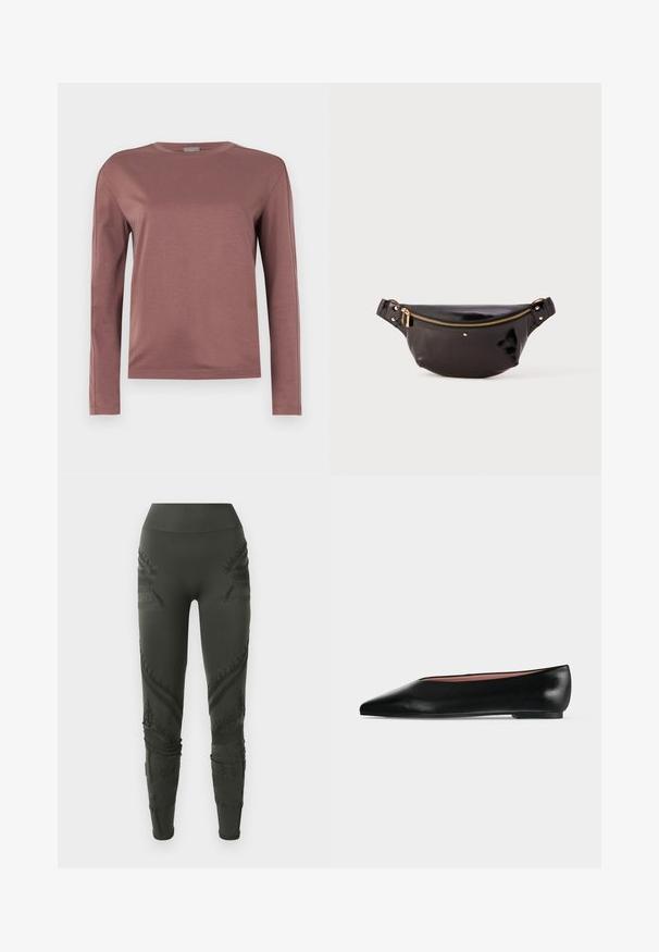 Langermet skjorte i støvete rosafarge, laget av mykt stoff. Rund hals design med rett snitt og subtile sømdetaljer. Minimalistisk stil.; Mørkegrønne tights laget av stretchstoff som har teksturerte mønstre og detaljerte sømmer langs sidene og anklene, med høy midje.; Svart skinn damesko med spiss tupp og lav hæl, vist fra siden på ensfarget lys grå bakgrunn.; Svart, blank lærfanny pack med en buet design, gullglidelåsdetalj, justerbar stropp og små dekorative metallkomponenter.