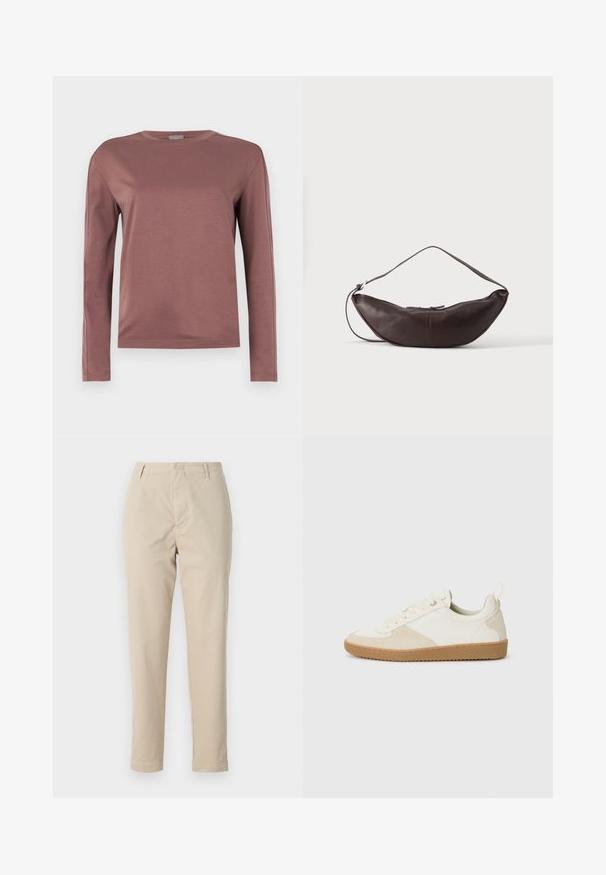 Pitkähihaisessa dusty rose -paidassa on pehmeä kangas. Pyöreä kaula-aukko, suora leikkaus ja hienovaraiset ompelutiedot. Minimalistinen tyyli.; Beige puuvillapantsit suoran fitin kanssa, vyölenkit ja vetoketjuanitus. Kangas on sileä ja siinä ei ole näkyviä kuvioita tai korostuksia.; Valkoiset tennarit, jotka on valmistettu nahasta ja mokasta, joissa on teksturoitu pinta, pyöreä muoto ja kumipohja. Narukiristys ja vetotappi.; Tummanruskea nahkainen puolikuunmuotoinen olkalaukku, jossa on kaareva hihna ja näkyvät tikkauskohdat yksivärisellä taustalla.