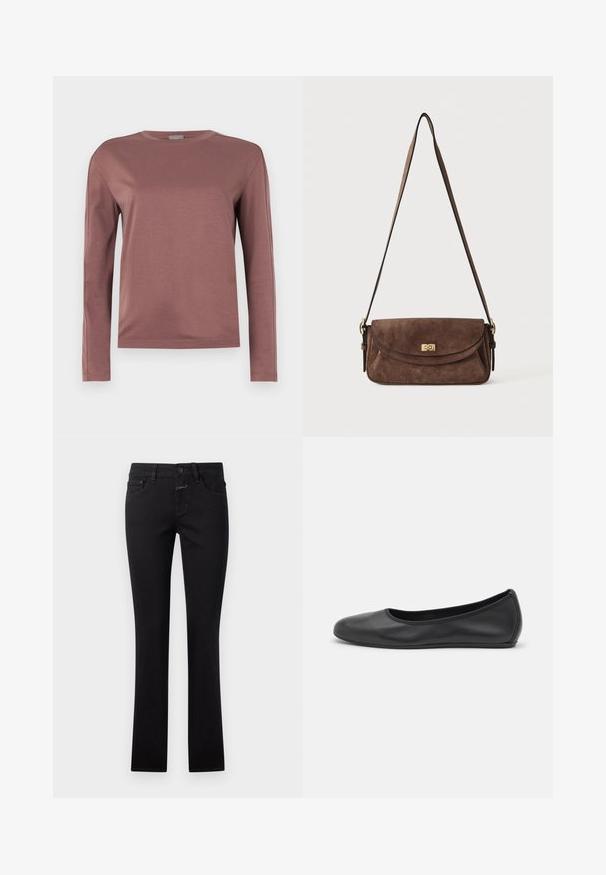 Chemise à manches longues en rose poussiéreux, fabriquée en tissu doux. Design à col rond avec coupe droite et détails de couture subtils. Style minimaliste.; Jeans noirs en denim, avec une coupe ajustée, fermeture à bouton et style traditionnel à cinq poches. Texture lisse avec une légère élasticité.; Ballerines en cuir noir avec un bout rond, texture lisse, détails de couture minimalistes et design de semelle flexible.; Sac bandoulière en daim marron avec une longue sangle réglable et une fermeture à tour dorée sur le rabat avant.