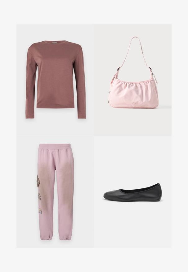 Pikisu sleevesega särk tolmuroosa värviga, valmistatud pehmest kangast. Ümmargune kaelus ja sirge lõige koos peente õmbluste detailidega. Minimalistlik stiil.; Roosa spordipüksid elastse paelaga vööl, millel on vasakul küljel dekoratiivsed rombikujulised plaastrid ja elastsed mansetid pahkluude juures.; Musthave mustika tantsutossud mustast nahast, ümmarguse varbaga, siledast tekstuurist, minimaalse õmblusdetailiga ja paindliku tallakujundusega.; Hele-roosa õlakott reguleeritava rihmaga, kokku kogutud ülemise serva, tõmblukuga ja esiküljel väikese reljeefse logoga.