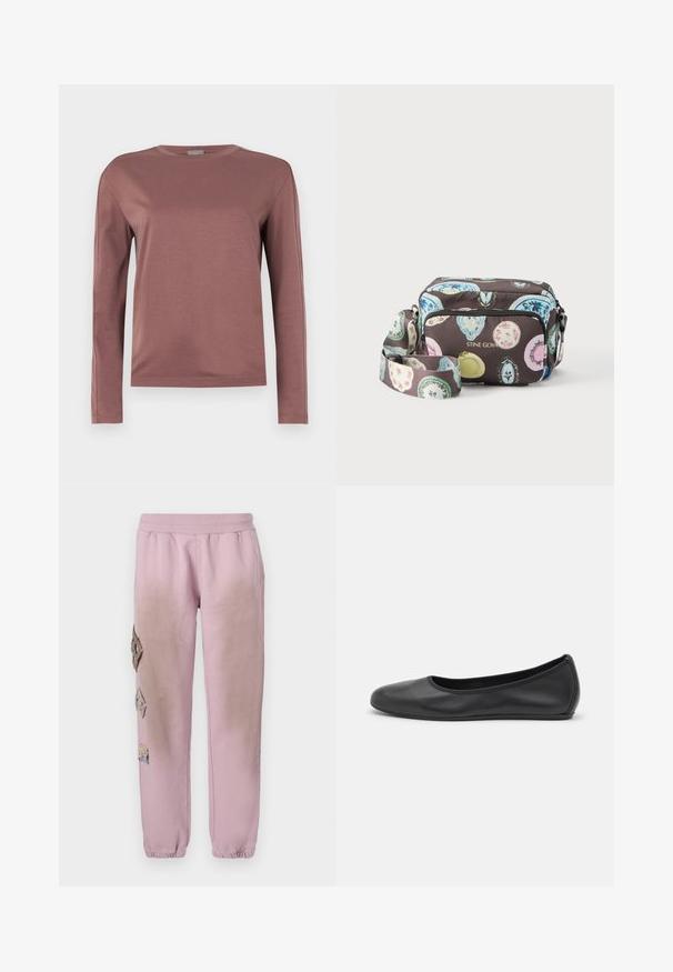 Langærmet skjorte i støvet rosa, lavet af blødt stof. Rund hals design med lige snit og subtile stikninger. Minimalistisk stil.; Lyserøde sweatpants med elastisk talje, prydet med dekorative patches i diamantform på venstre side og elastiske manchetter ved anklerne.; Sort læderballetsko med rund tå, glat tekstur, minimal syning og et fleksibelt såldesign.; Crossbody taske med farverige ovale mønstre på mørk baggrund, front-lynlåslomme og justerbar rem, mærket "STINE GOYA" med guld bogstaver.