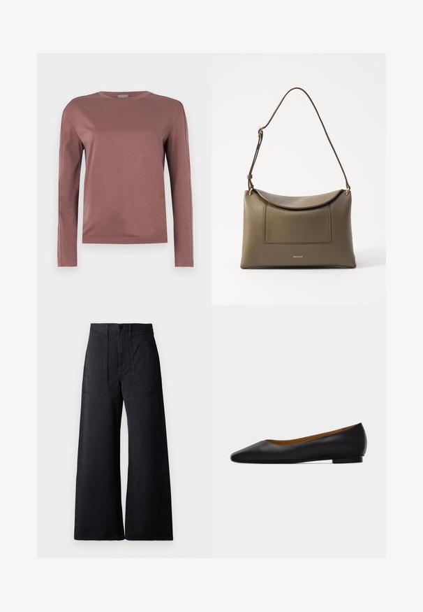 Langærmet skjorte i støvet rosa, lavet af blødt stof. Rund hals design med lige snit og subtile stikninger. Minimalistisk stil.; Bredde ben sorte bukser med høj talje, forlommer og en glat stoftekstur. Doble påsyede lommer foran tilføjer detalje.; Sort læder flad sko med spids tå, lav hæl og glat finish, vist fra siden på en lysegrå baggrund.; Olivengrønt læderhåndtaske med en tekstureret overflade, en klaplukning og en justerbar rem. Har en forlommelomme og hardware i guldtoner.