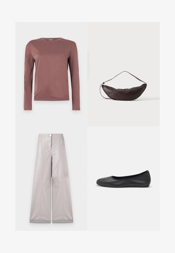 Chemise à manches longues en rose poussiéreux, fabriquée en tissu doux. Design à col rond avec coupe droite et détails de couture subtils. Style minimaliste.; Pantalons large en simili cuir gris clair, avec une fermeture à bouton sur le devant, deux poches latérales et des coutures pour plus de texture.; Ballerines en cuir noir avec un bout rond, texture lisse, détails de couture minimalistes et design de semelle flexible.; Sac d'épaule en cuir marron foncé en forme de croissant avec une lanière courbée et des coutures visibles sur fond uni.