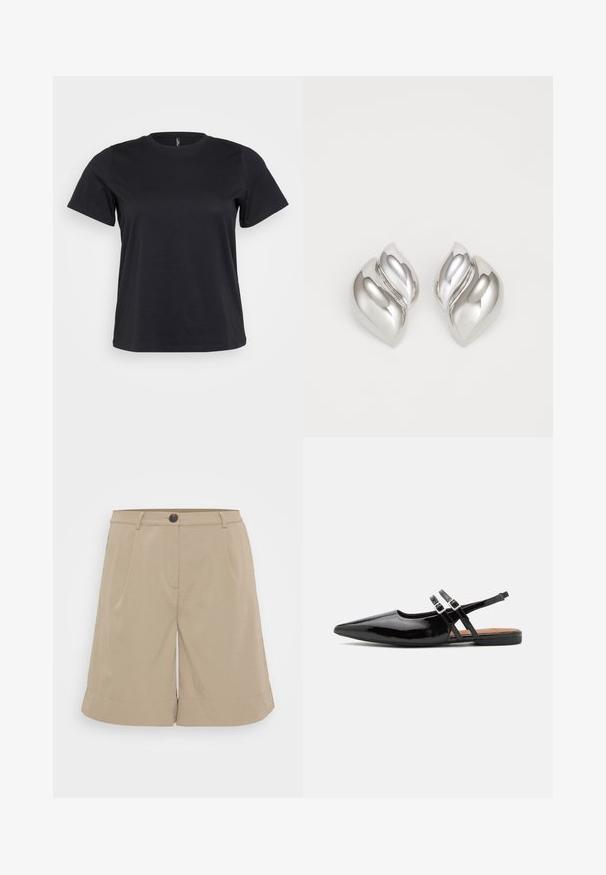 Zwarte katoenen t-shirt met korte mouwen, ronde hals, relaxed fit en een gladde textuur. Geen zichtbare grafische elementen of patronen.; Khaki shorts gemaakt van lichtgewicht stof, met een vlakke voorkant, plooien, een knoopsluiting en opgerolde zomen. Eenvoudig en zorgvuldig ontwerp.; Zwarte gepatineerde leren slingback schoenen hebben een spitse neus, twee banden met gespsieraden en een platte zool.; Zilveren oorbellen met een organische, abstracte vorm. Gladde, glanzende oppervlakte met een taps toelopend ontwerp. Beschikken over subtiele rondingen en een centrale lijn detail.