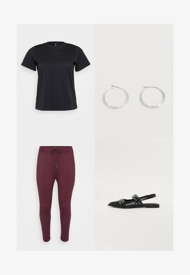 Camiseta de algodón negro de manga corta, con cuello redondo, corte holgado y textura suave. Sin gráficos ni patrones visibles.; Pantalones elásticos burdeos con cintura ajustable, que presentan un diseño ajustado y piernas ceñidas, exhibidos sobre un fondo blanco.; Even&Odd Bailarinas con tira trasera - black; Pendientes de aro de metal plateado con superficie lisa y ligeramente curvada y cierre de tipo mosquetón sobre un fondo blanco liso.