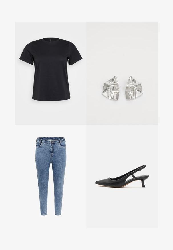 Sort bomulds-t-shirt med korte ærmer, rund halsudskæring, afslappet pasform og glat tekstur. Ingen synlige grafik eller mønstre.; Blå denim skinny jeans med høj talje, fem lommer og lynlåslukning. Stoffet har en let falmet tekstur med kontrasterende syninger.; Sort læder slingback-sko med spidse tæer, lav blokhæle, udskårne sidedele og justerbar ankelrem. Glat tekstur hele vejen igennem.; Sølvmetal øreringe med et bølgende, skulpturelt design, der har en poleret overflade og uregelmæssige former, hvilket fremhæver en moderne æstetik.