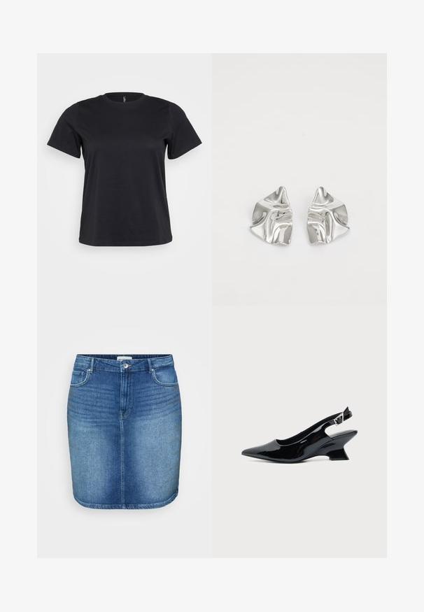 Sort bomulds-t-shirt med korte ærmer, rund halsudskæring, afslappet pasform og glat tekstur. Ingen synlige grafik eller mønstre.; Denim nederdel i mellemblå vask med en tætsiddende design, lige snit, fem-lomme stil og en talje med knaplukning foran.; Sort laklæder slingback sko med spids tå og lav vinklet blokhæl på ensartet lys baggrund.; Sølvmetal øreringe med et bølgende, skulpturelt design, der har en poleret overflade og uregelmæssige former, hvilket fremhæver en moderne æstetik.