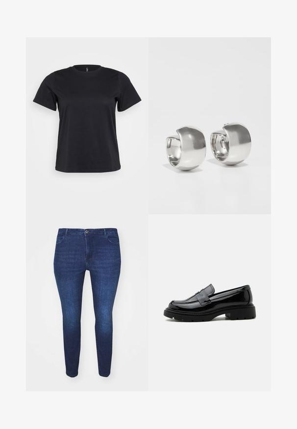 Sort bomulds-t-shirt med korte ærmer, rund halsudskæring, afslappet pasform og glat tekstur. Ingen synlige grafik eller mønstre.; Mørkeblå slim-fit denim jeans med frontknap og lommer, vist fra forsiden mod en hvid baggrund.; Sort skinnende læderloafer med kraftig sål og pennyrem, vist i sideprofil på en ensfarvet hvid baggrund.; Uncommon Matters SCULPTURAL LARGE CREOLE - Øreringe - silver-coloured