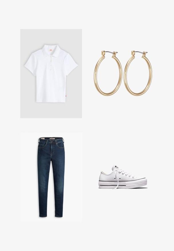 Wit kortärmelig geribd poloshirt met kraag en vier knopen, plat gelegd op een lichtgrijze achtergrond.; Donkerblauwe denim jeans met een slim fit, voorzien van vijf zakken, een standaard knoopsluiting en subtiele slijtageplekken aan de voorkant.; Wit lage canvas sneaker met witte veters, rubberen zool, zwarte streepdetails en logopatch op de tong en hiel.; Gouden metalen ring oorbellen met een glad, rond ontwerp en een veilige scharnier sluiting. Lichtgewicht met een gepolijste afwerking.