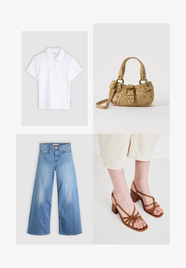 Weißes kurzärmliges, geripptes Poloshirt mit Kragen und vier Knöpfen, flach auf einem hellgrauen Hintergrund liegend.; Hellblaue Jeans mit weitem Bein aus Denim, mit hoher Taille, vorderem Reißverschluss und Knopfverschluss sowie klassischem Fünf-Taschen-Design.; Braune Riemchen-High-Heelsandalen mit einem klobigen Absatz, ausgestattet mit geknoteten Riemen und einem offenen Zehendesign. Texturierte Sohle und verstellbarer Knöchelriemen.; Beige Lederhandtasche mit doppelten Griffen, Messingschnalle und Nieten, sowie verstellbarem Schultergurt vor weißem Hintergrund.