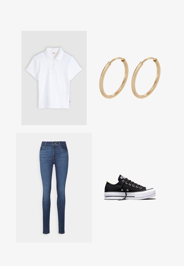 Hvid kortærmet ribbet poloshirt med krave og fire knapper, lagt fladt ud på en lysegrå baggrund.; Slank jeans lavet af blå denim, med en mid-rise talje, bæltesløjfer, frontlommer og et klassisk fem-lommes design.; Sort lavt sneakers i lærred med hvid sål i gummi, sorte snørebånd og metaløjer på hvid baggrund.; Guldøreringe med en glat, poleret overflade. Rund form, mellemstor, med en sikker lukkemekanisme.