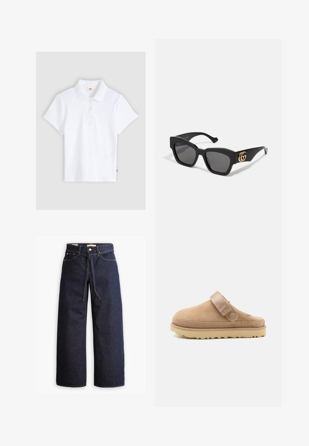 Polo blanco de manga corta con textura acanalada, cuello y cuatro botones, colocado plano sobre un fondo gris claro.; Jeans de mezclilla oscuros de pierna ancha con cintura alta, que cuentan con un lazo ajustable, cinco bolsillos y detalles de costura en contraste.; Zueco de ante en beige con parte superior texturizada, correa ajustable y una suela de goma robusta con un patrón de tacos para un mejor agarre.; Gafas de sol rectangulares negras con lentes oscuros, que presentan el logo GG en oro en el costado. Fabricadas de plástico brillante con patillas rectas.