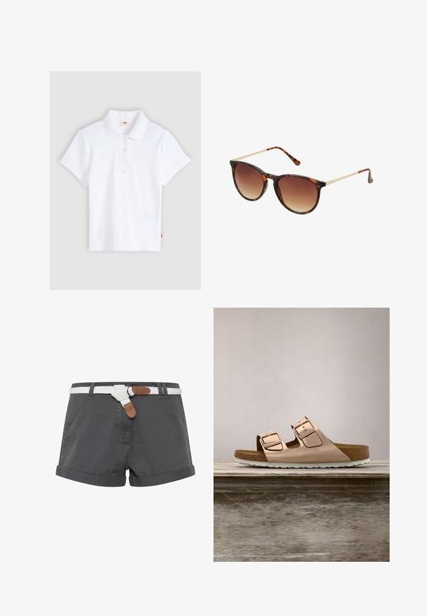 Polo blanco de manga corta con textura acanalada, cuello y cuatro botones, colocado plano sobre un fondo gris claro.; Pantalones cortos de algodón gris con dobladillos enrollados, que cuentan con un cinturón trenzado blanco y acentos de cuero marrón. Detalles de costura visibles en la tela.; Sandalias deslizantes en oro rosa con dos hebillas metálicas ajustables, plantilla de corcho y suela de goma blanca. Acabado metálico suave, diseño de punta abierta.; Gafas de sol carey con lentes marrón degradado, forma de ojo de gato, acentos de metal dorado en las patillas y marco de plástico suave.