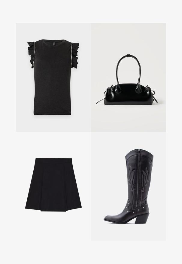 Haut noir sans manches avec épaules à volants et ornements en strass le long des coutures des bras, avec un col rond.; Jupe patineuse noire en tissu doux, avec une taille ajustée, des plis à l'avant et un ourlet évasé arrivant au genou.; Bottes de cow-boy en cuir noir avec bout pointu, coutures apparentes, ornements à clous argentés et fermeture éclair sur le côté intérieur.; Petit sac à main noir brillant avec deux longues anses et des détails à cordon sur les côtés sur un fond clair uni.