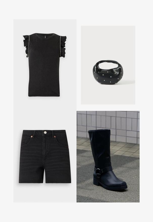 Top negro sin mangas con hombros con volantes y adornos de pedrería a lo largo de las costuras de los brazos, con escote redondo.; Pantalones cortos de denim negro con cierre de botones en la parte delantera, trabillas para cinturón, dos bolsillos delanteros y un pequeño bolsillo para monedas, mostrados planos sobre un fondo blanco.; Bota negra de cuero hasta la mitad de la pantorrilla con un tacón bajo de bloque y una correa decorativa con hebilla metálica alrededor del tobillo, sobre un pavimento de baldosas.; Bolso de mano de cuero negro con forma redondeada, decorado con detalles de tachuelas plateadas y un asa corta. Textura lisa y cierre con cremallera.
