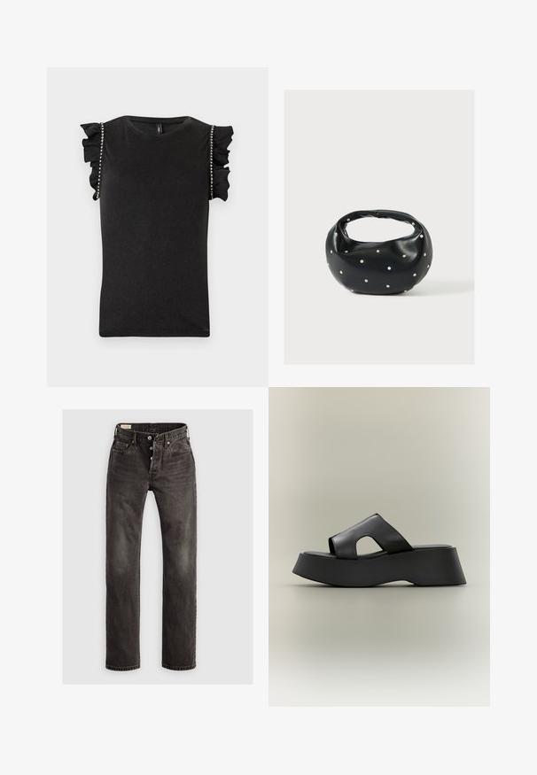 Schwarzes ärmelloses Top mit gerafften Schultern und Strassverzierungen entlang der Armausschnitte, mit rundem Halsausschnitt.; Dunkelgraue gerade Jeans aus Denim, mit Knopfverschluss, Fünf-Taschen-Design und dezenten ausgewaschenen Details auf dem Stoff.; Schwarze Plateau-Pantoletten mit dicker Sohle und breitem Lederriemen mit Ausschnitt-Detail vor neutralem Hintergrund.; Schwarze Lederhandtasche mit abgerundeter Form, verziert mit silbernen Nietenakzenten und kurzem Griff. Glatte Struktur und Reißverschlussverschluss.
