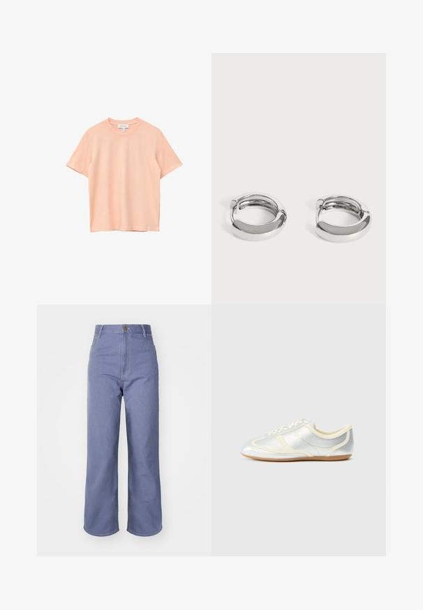 Hellpfirsichfarbenes T-Shirt mit kurzen Ärmeln aus weichem Stoff. Verfügt über einen runden Ausschnitt und eine entspannte Passform mit sauberen Kanten. Keine Muster oder Akzente.; Hellblaue weite Jeans aus Denim, mit hoher Taille, Vorderknopfverschluss und sichtbaren Nähten an den Taschen und Nähten.; Silberne, synthetische Sneaker mit cremefarbenen Akzenten, flachem Profil, rundem Zehenbereich und flacher Gummisohle; verfügt über klassische Nahtdetails und Schnürverschluss.; Paar kleine, glänzende silberne Creolen mit glatten, abgerundeten Oberflächen auf einfachem weißem Hintergrund.