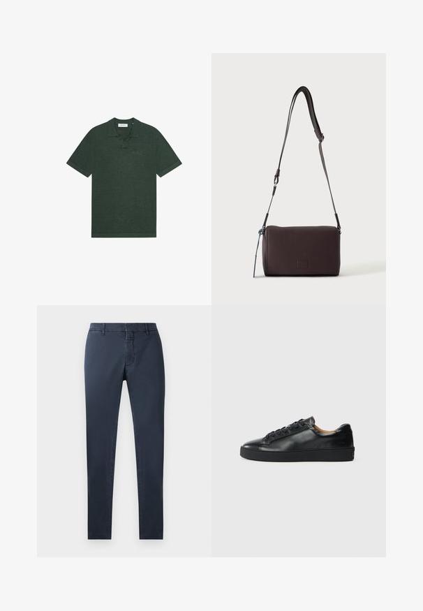 Donkergroen poloshirt met korte mouwen, kraag, knooplijst en subtiel geborduurd "Les Deux"-logo op de linkerborst.; Marineblauwe broek met een slim fit, gemaakt van een katoenen mengsel. Voorzien van een standaard tailleband, een voorkeursrits en zijzakken.; Zwarte leren sneaker met een gladde textuur, ronde neus en vetersluiting. Heeft een dikke rubberen zool en minimale merkaanpassing.; Donkerbruine gestructureerde leren crossbodytas met verstelbare riem en klein decoratief blauw accent aan de zijkant.