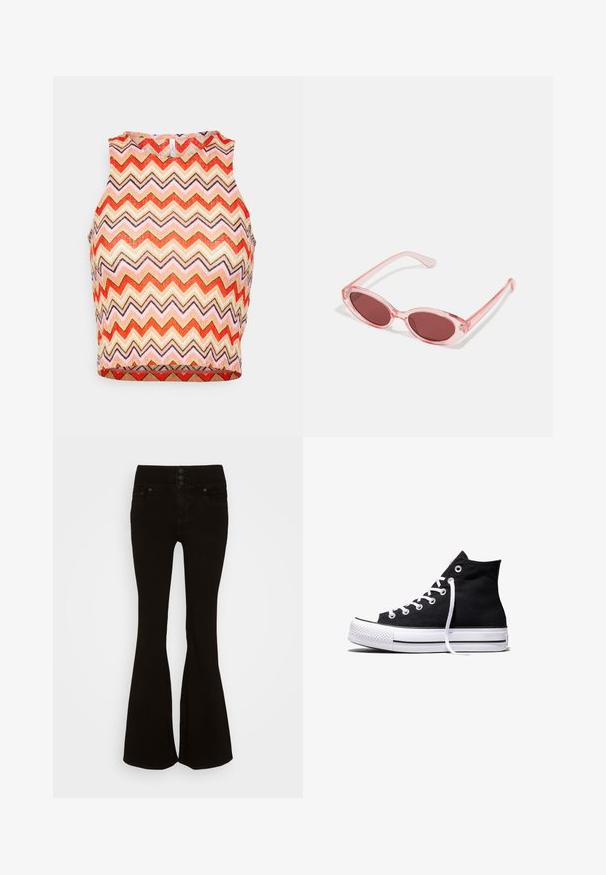ONLY ONLBOHO - Débardeur - chintz rose zigzag; American Eagle SUPER HIGH RISE - Jean flare - onyx black; Baskets montantes en toile noire avec semelle en caoutchouc blanche et lacets blancs, vues de côté sur un fond blanc.; Lunettes de soleil transparentes roses avec des verres ovales, teintés d'un rouge foncé, et des branches fines, présentant une finition lisse et des détails subtils sur la monture.
