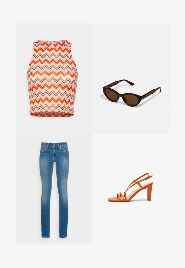 ONLY ONLBOHO - Top - chintz rose zigzag; Lichtblauwe denim jeans met een slim fit, vijf zakken en contrasterende oranje stiksels, met een knoop- en ritssluitingen.; Oranje hoge hakken sandaal met smalle banden en een vierkante neus. Heeft een chunky hak en een gespsluiting rond de enkel, gemaakt van glad materiaal.; Bruine schildpad zonnebril met een vintage cat-eye vorm en bruine lenzen. Heeft gebogen armen met rode accenten.