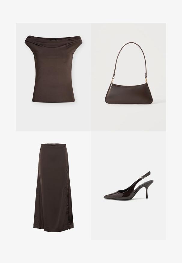 Brun, figursyet off-shoulder top med foldet halsudskæringsdetalje, ærmeløs, vist mod hvid baggrund.; Lang, mørkebrun satin skørt med en tætsiddende talje og subtil splittelse i siden, glat tekstur og let shine.; Slingback højhælet sko i glat mørkebrun patenteret læder, spids tå, åbne sider og justerbar ankelrem.; Mørkebrun læderhåndtaske med en buet toplynlås og en tynd skulderrem med guldfarvede låse på en ensfarvet baggrund.