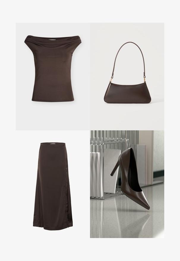 Top marrón ajustado con escote caído con detalle de cuello doblado, sin mangas, mostrado sobre fondo blanco.; Larga falda de satén marrón oscuro con cintura entallada y sutil abertura lateral, textura suave y ligero brillo.; Zapato de cuero marrón oscuro con tacón alto flotando sobre un suelo reflectante junto a un estante metálico con paneles blancos en una habitación.; Bolso de mano de piel marrón oscura con cremallera superior curva y una correa fina para el hombro con cierres dorados sobre un fondo liso.