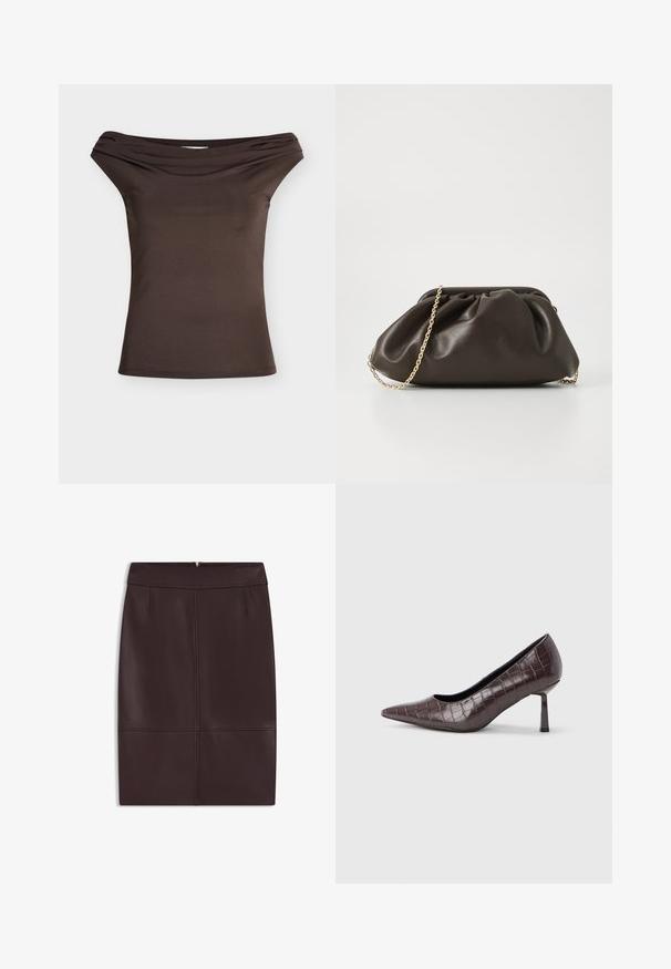 Brun, figursyet off-shoulder top med foldet halsudskæringsdetalje, ærmeløs, vist mod hvid baggrund.; Bordeaux læderblyantnederdel med en glat tekstur, der har frontfald og en skjult lynlås bagpå til lukning.; Brune kunstlæder stiletter med spidse tæer og krokodilletekstur, der har en slank, vinklet hæl og en glat inderside.; Brun læderhandtaske med en sammensnøring, guld kædestrop og blød, struktureret overflade. Kompakt form velegnet til aftensbrug.