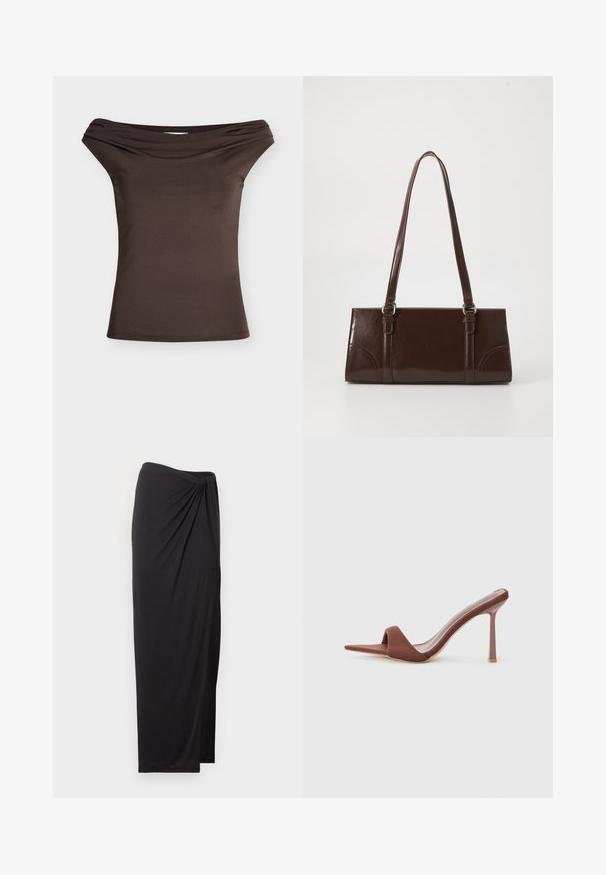 Brun, figursyet off-shoulder top med foldet halsudskæringsdetalje, ærmeløs, vist mod hvid baggrund.; Sort maxinederdel med høj talje med draperede detaljer på den ene side og sideslids, lavet af letvægtsstof.; Brune hælede sandaler med spids tå, lavet af et glat stof. Har et minimalistisk design med en høj stilettohæl og åben bagdel.; Brun lakeret håndtaske med rektangulær form, to lange håndtag og subtile buede detaljer på fronten.