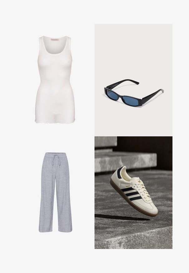 Camiseta sin mangas blanca con escote redondeado, textura acanalada y dobladillo festoneado. Sin hardware o acentos visibles.; Pantalones anchos de rayas grises y blancas con cintura elástica y cordón. Tela ligera con un corte relajado.; Zapatilla blanca Adidas Samba con franjas negras y suela de goma, flotando sobre escalones de hormigón gris texturizado.; Gafas de sol negras con una elegante montura rectangular y lentes azules. Presentan una textura suave y varillas resistentes. Logo de la marca en el costado.
