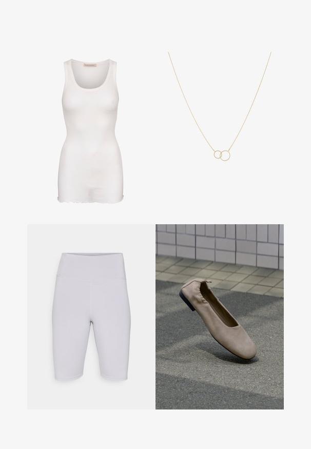 Valge ühtlane tank top, millel on süvendatud kaelus, ribakujuline tekstuur ja laineline äär. Ei ole nähtavaid riistvara ega aksessuaare.; Heledad hallhallikad rattapüksid, mis on valmistatud venivast kangast, kõrge vöökoha ja sileda tekstuuriga, ilma nähtavate mustrite või aktsentideta.; Beež värvi tasane king ümmarate varvaste ja elastse tagumise osaga, hõljub plaatidega ja sillutisega kaetud pinnal.; Kuldne kaelakee, millel on kaks omavahel põimunud ümmargust ripatsit õhukeses ahelas. Sile tekstuur minimalistliku disainiga.