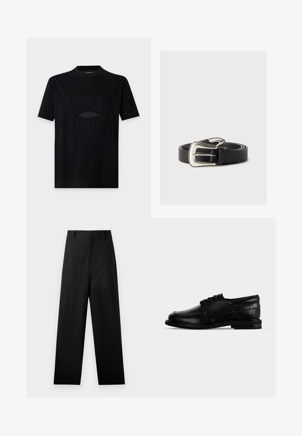 Zwarte T-shirt met korte mouwen en ronde hals met gegraveerd Emporio Armani-logo en adelaarontwerp in het midden vooraan.; Zwarte broek van katoen met een rechte pijpdesign, voorzien van een sluiting met een knoop aan de voorkant en zijzakken. Gladde textuur, geen patronen.; Zwarte leren herenschoen met veters, lage hak en een aangebrachte merknaam aan de zijkant, weergegeven in zijaanzicht op een witte achtergrond.; Zwarte leren riem met een grote zilveren westernstijl gesp, opgerold op een neutrale achtergrond.